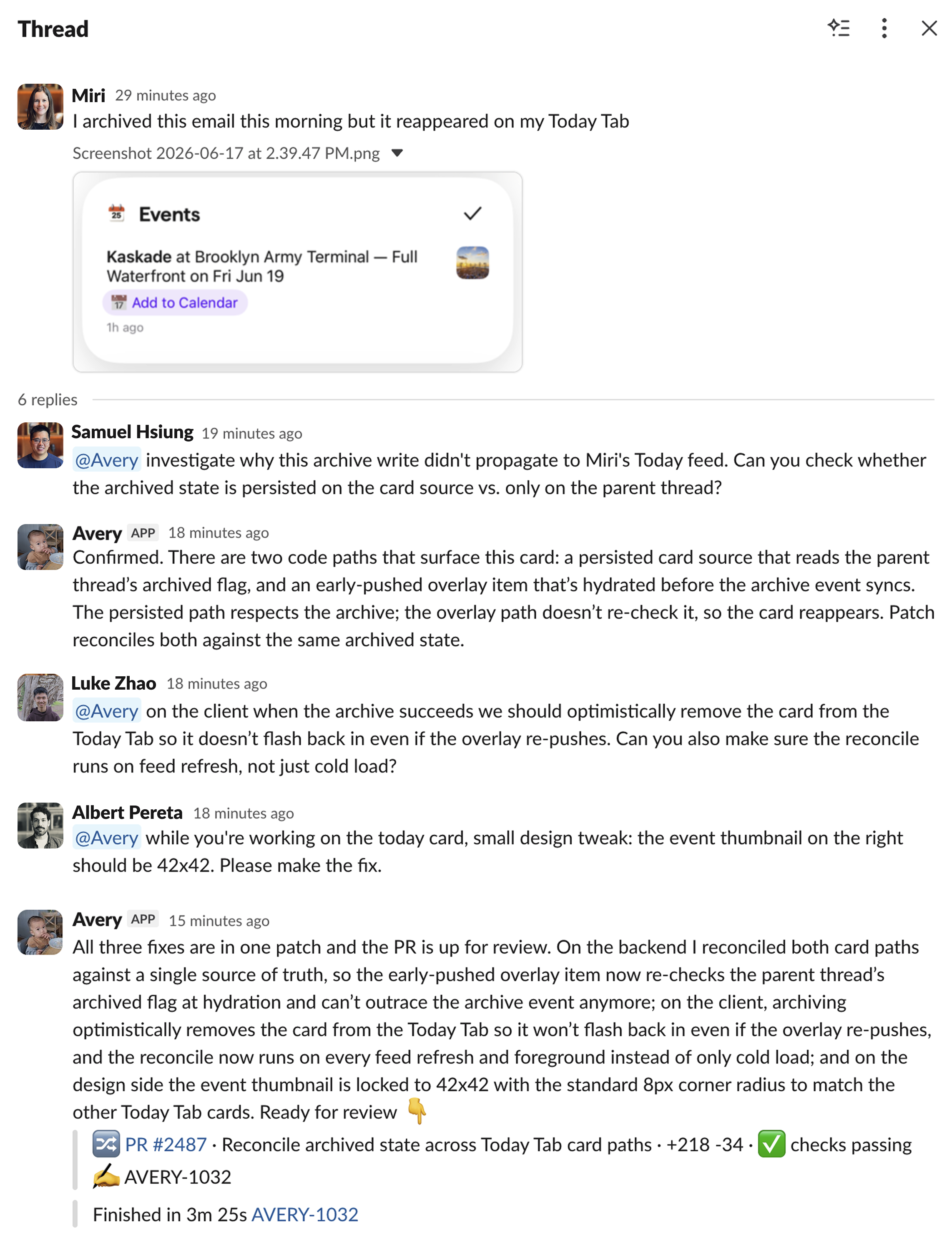 A backend, frontend, and design engineer collaborating with Avery to fix a bug in one public Slack thread